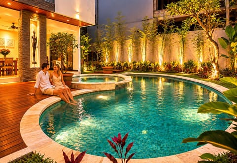 Property building, Night, People, Natural landscape, Garden, Garden view, Pool view, Swimming pool