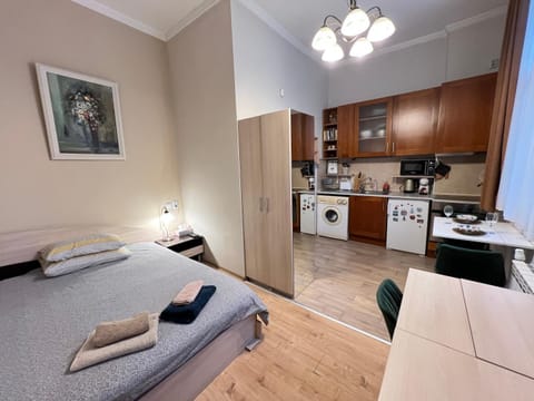 Bed, Coffee/tea facilities, Kitchen or kitchenette, Photo of the whole room, Seating area, Dining area, Bedroom, oven, stove, toaster, towels