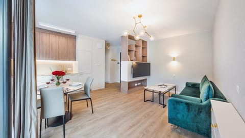 Kitchen or kitchenette, Living room, Seating area, Dining area