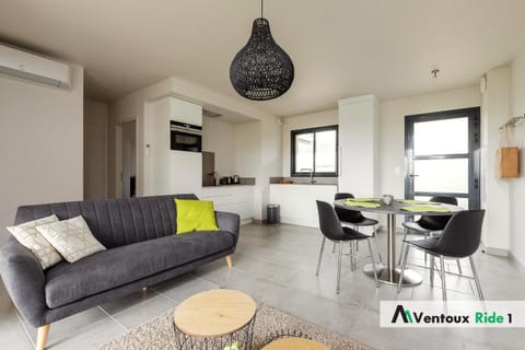 Kitchen or kitchenette, Living room, Seating area, Dining area