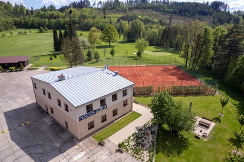 Property building, Natural landscape, Bird's eye view, Garden, Tennis court