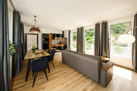 Kitchen or kitchenette, Living room, Seating area, Dining area