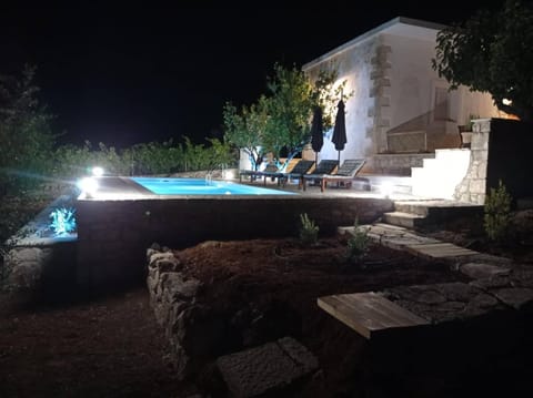 Property building, Patio, Night, Natural landscape, Garden, Garden view, Pool view, Swimming pool, sunbed