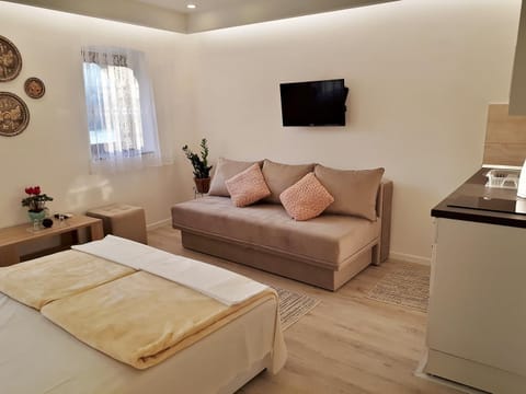 Bed, TV and multimedia, Coffee/tea facilities, Kitchen or kitchenette, Living room, Other, Photo of the whole room, Decorative detail, Decorative detail, Seating area, Dining area, Bedroom