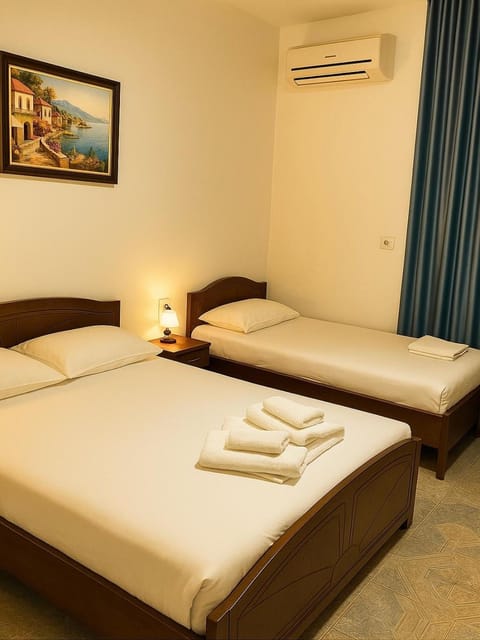 Bed, City view, air conditioner