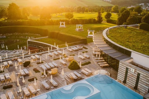 Natural landscape, Pool view, Swimming pool, Sunset, sunbed