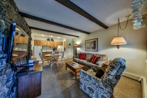 TV and multimedia, Kitchen or kitchenette, Living room, Dining area, fireplace, furniture, heating