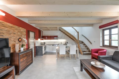 Kitchen or kitchenette, Living room, Seating area, Dining area