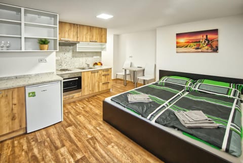 Bed, Kitchen or kitchenette, Bedroom, minibar, oven, pet friendly, stove