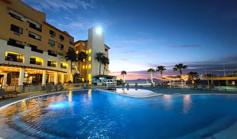 Property building, Swimming pool, Sunset