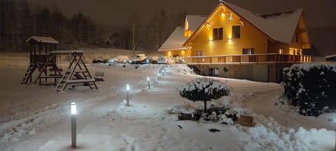Property building, Night, Winter, Garden