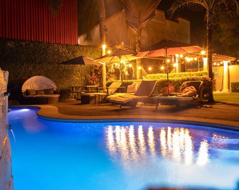 Patio, Night, Natural landscape, Pool view, Swimming pool, sunbed