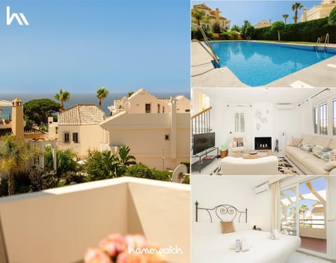 Bed, Day, TV and multimedia, View (from property/room), Balcony/Terrace, Living room, Seating area, Bedroom, Pool view, Sea view, Swimming pool, fireplace, towels, air conditioner