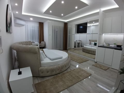 Bed, TV and multimedia, Kitchen or kitchenette, Photo of the whole room, Seating area, Bedroom