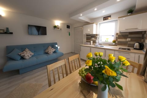 Kitchen or kitchenette, Living room, Seating area, Dining area