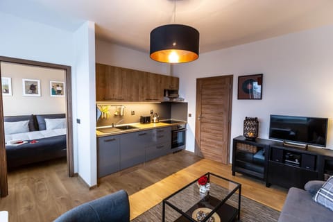 Kitchen or kitchenette, Living room, Seating area, Dining area