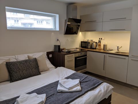 Bed, Coffee/tea facilities, Kitchen or kitchenette, Photo of the whole room, Bedroom, oven, stove, towels