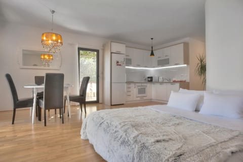 Bed, Day, Kitchen or kitchenette, Living room, Photo of the whole room, Seating area, Dining area, minibar, pet friendly, stove