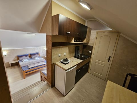 Bed, Kitchen or kitchenette, Dining area, stove