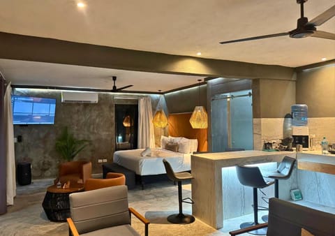 Bed, TV and multimedia, Kitchen or kitchenette, Living room, Photo of the whole room, Seating area, Dining area