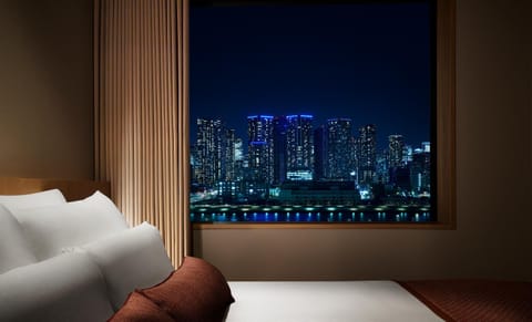 Bed, Night, Bedroom, City view