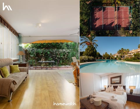 Patio, Communal lounge/ TV room, Bed, Living room, Lounge or bar, Photo of the whole room, Seating area, Tennis court, Bedroom, Swimming pool, towels, wardrobe