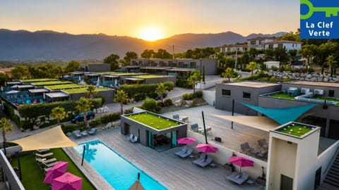 Property building, Nearby landmark, Spring, Day, Natural landscape, Mountain view, Pool view, Swimming pool, Sunrise, Sunset, sunbed