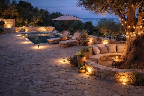 Night, Garden, Pool view, Swimming pool, sunbed