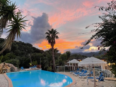 Mountain view, Swimming pool, Sunset