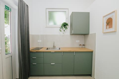 Kitchen or kitchenette, stove