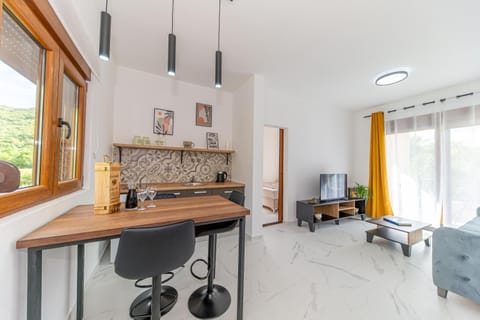 Kitchen or kitchenette, Living room, Seating area, minibar, pet friendly