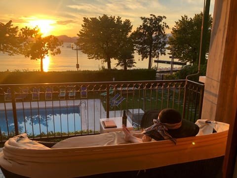 Day, View (from property/room), Balcony/Terrace, Lake view, Pool view, Swimming pool, Sunset