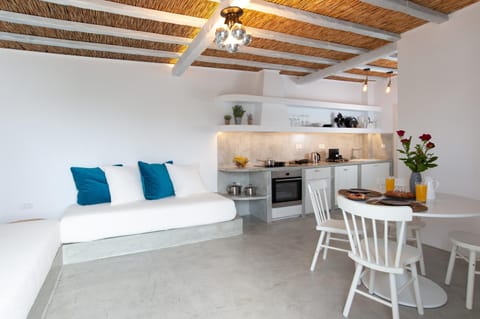 Kitchen or kitchenette, Living room, Seating area, Dining area