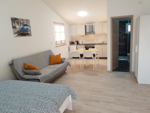 Kitchen or kitchenette, Living room, Seating area, Dining area