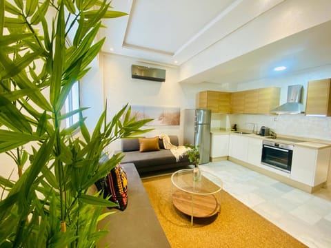 Kitchen or kitchenette, Living room, Seating area, oven, stove, air conditioner