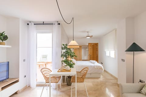 Bed, TV and multimedia, Living room, Photo of the whole room, Seating area, Dining area, Bedroom