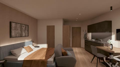 Bed, TV and multimedia, Kitchen or kitchenette, Photo of the whole room, Seating area, Dining area