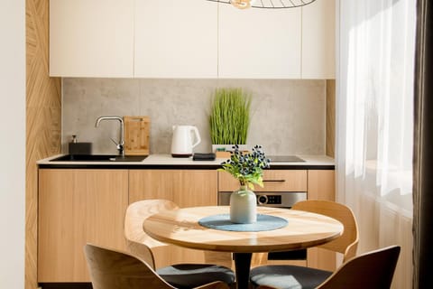 Dining area, microwave, oven, stove