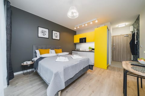 Bed, TV and multimedia, Coffee/tea facilities, Kitchen or kitchenette, Photo of the whole room, Decorative detail, Seating area, Dining area, Bedroom, furniture, internet, microwave, towels, wardrobe