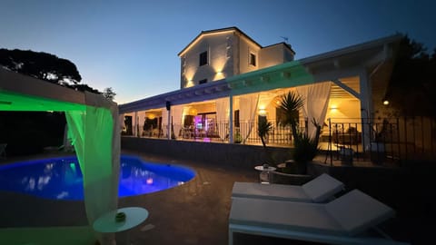 Property building, Patio, Night, Natural landscape, Pool view, Swimming pool, sunbed