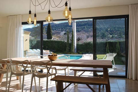 Natural landscape, Dining area, Mountain view, Pool view