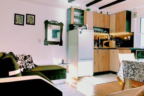 Kitchen or kitchenette, Living room, Seating area, Dining area