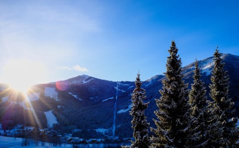 Patio, Winter, Balcony/Terrace, Living room, Dining area, Mountain view, Sunrise