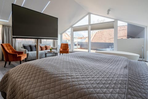 Bed, TV and multimedia, Living room, Photo of the whole room, Seating area, Bedroom