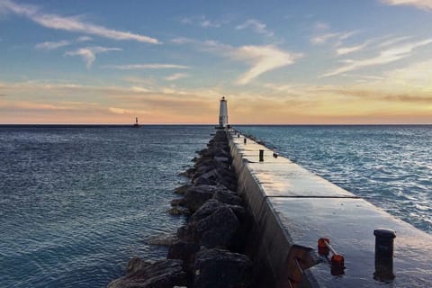 Elegant Stone Cottage Steps to Crystal Lake Beach House in Beulah