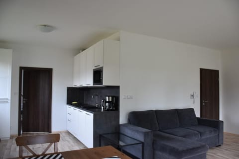 Kitchen or kitchenette, Living room, Seating area, Dining area