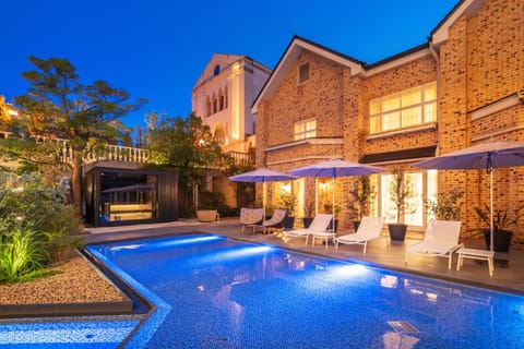 Night, Pool view, Swimming pool, Swimming pool