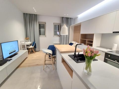 Kitchen or kitchenette, Living room, Seating area, Dining area