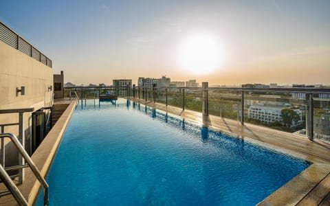 Pool view, Swimming pool, Sunset, sunbed