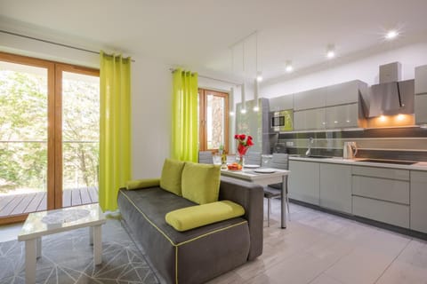 Kitchen or kitchenette, Living room, Seating area, Dining area